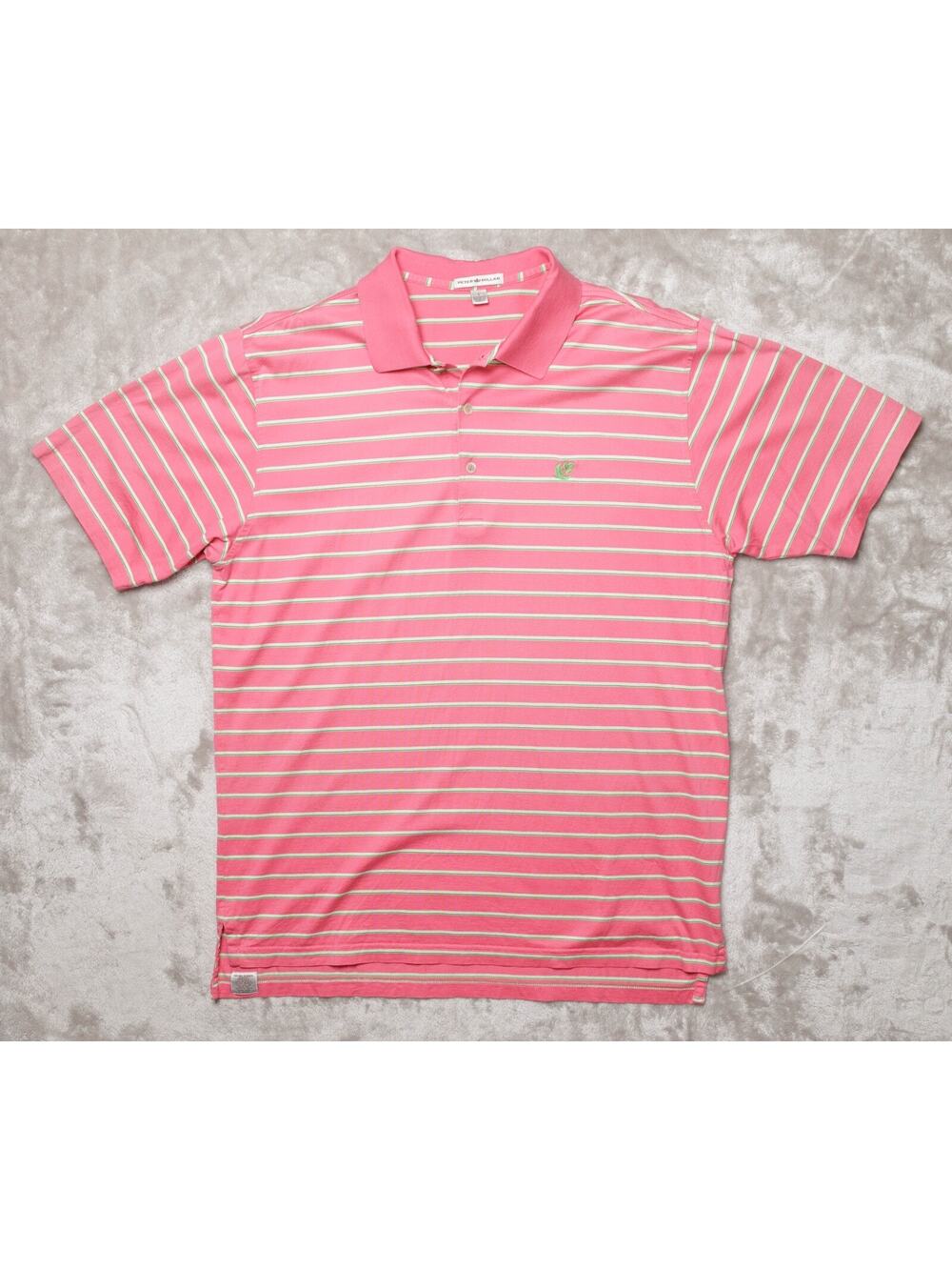 Peter Millar Coral Pink Green White Striped Short Sleeve Polo Mens Size L